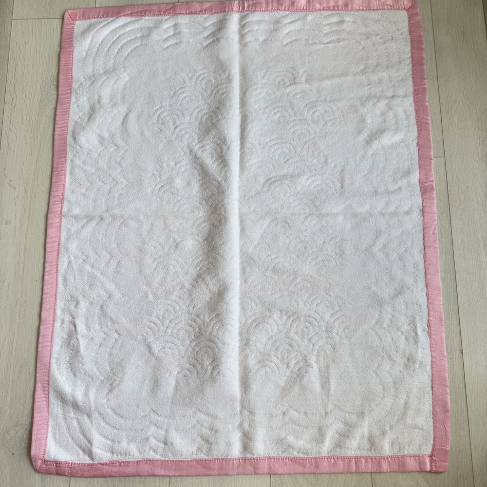 Vintage Pink + White Baby Blanket Canada 60s 70s w Satin Trim Clouds Waves